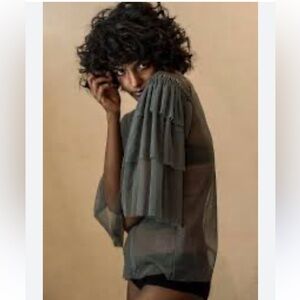 Zara Ruffle Sleeve Mesh Top Shirt Sheer Green
